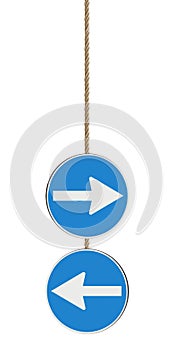 Blue arrow sign isolated on white background hanging from a rope indicating to turn left or right - concept image