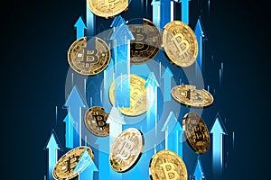 Blue arrows shots up with high velocity as Bitcoin BTC price rises. Cryptocurrency prices grow, high risk - high profits concept photo