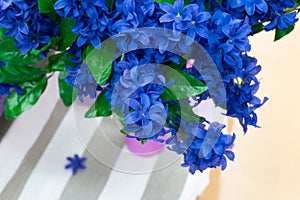 Blue artificial flowers in a vase. Room decoration with inanimate plants
