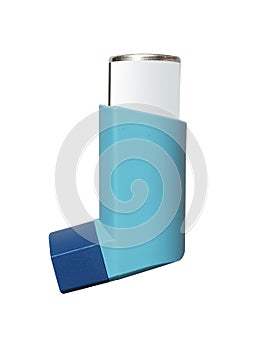 Blue asthma inhaler medication isolated on white background.