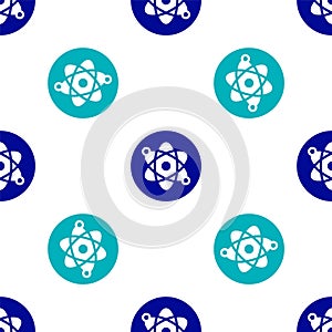 Blue Atom icon isolated seamless pattern on white background. Symbol of science, education, nuclear physics, scientific