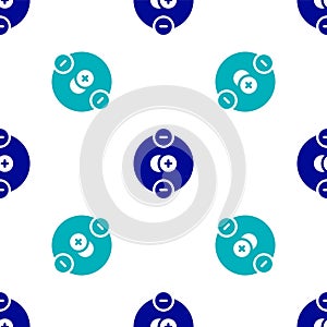 Blue Atom icon isolated seamless pattern on white background. Symbol of science, education, nuclear physics, scientific