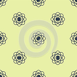 Blue Atom icon isolated seamless pattern on yellow background. Symbol of science, education, nuclear physics, scientific