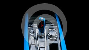 Blue Automatic gear stick of a modern car. Modern car interior details. Close up view. Car detailing. Automatic transmission lever