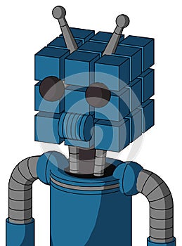 Blue Automaton With Cube Head And Speakers Mouth And Two Eyes And Double Antenna