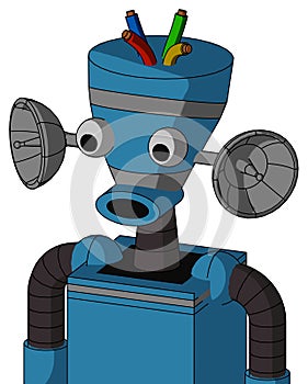 Blue Automaton With Vase Head And Round Mouth And Two Eyes And Wire Hair