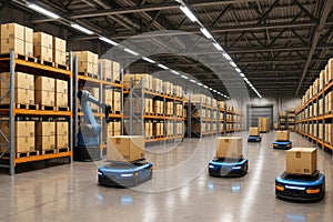 Blue Autonomous Robots and Robotic Arm in a Warehouse with Cardboard Boxes logistics automation