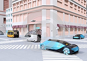 Blue autonomous sedan, yellow bus and delivery van driving on intersection