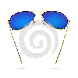 Blue aviator sunglasses with golden frame isolated on white background