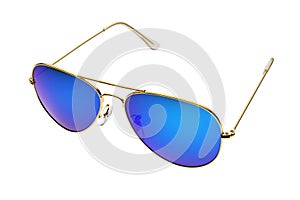 Blue aviator sunglasses with golden frame isolated on white background