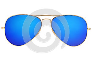 Blue aviator sunglasses with golden frame isolated on white