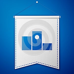 Blue Award over sports winner podium icon isolated on blue background. White pennant template. Vector Illustration