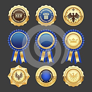 Blue award rosettes, insignia and medals