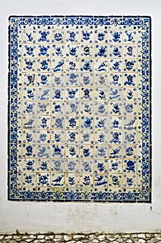 Blue azulejo panel of tiles, Obidos, Portugal