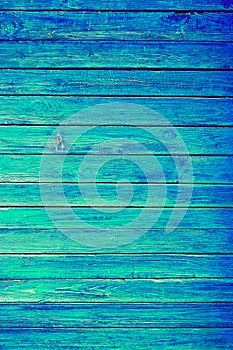 Blue or Azure Wooden Wall Planks Vertical Texture. Old Retro Wood Rustic Shabby Background. Peeled Azure Weathered