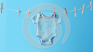 Blue baby bodysuit on a clothesline with clothespins on a blue background