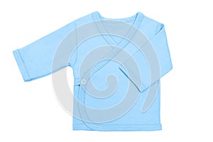 Blue baby boy baby`s loose jacket with long sleeve isolated on a white background.