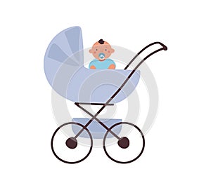 A blue baby carriage with a sitting baby with a pacifier. Element for design about motherhood, transport for a child