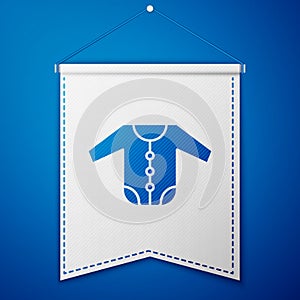 Blue Baby clothes icon isolated on blue background. Baby clothing for baby girl and boy. Baby bodysuit. White pennant