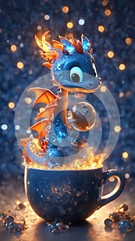 blue baby dragon with golden wings, sitting in a tea cup of fire holding a pearl ai created