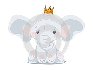 Blue baby elephant in a crown, children s character, cute animal in flat cartoon style isolated on white background.