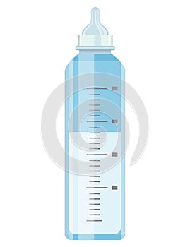Blue baby feeding bottle with measurements. Baby nutrition and infant formula feeding vector illustration