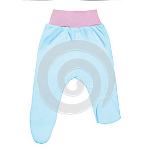 Blue baby footed pants with pink elastic. child footie trousers isolated on white background