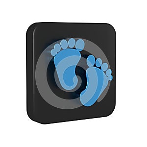 Blue Baby footprints icon isolated on transparent background. Baby feet sign. Black square button.