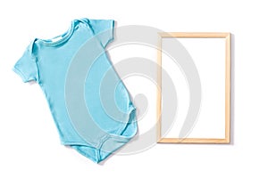 Blue baby romper and frame mockup isolated on white background