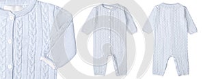 Blue baby romper mockup isolated on white background. Children romper knitted with buttons photo
