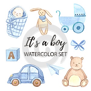 Blue baby shower watercolor set. Boy's toys