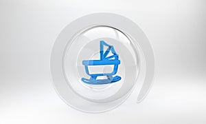 Blue Baby stroller icon isolated on grey background. Baby carriage, buggy, pram, stroller, wheel. Glass circle button