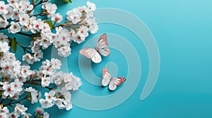 Blue background is adorned with beautiful display of white flowers, including two butterflies. The flowers are arranged