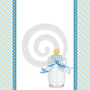 Blue background with baby bottle milk and ribbon