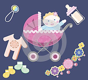 Blue background with a baby in the pink baby carriage and childr