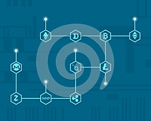 On blue background block chain style