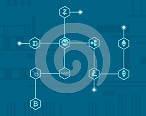 On blue background block chain style