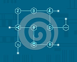 On blue background block chain style