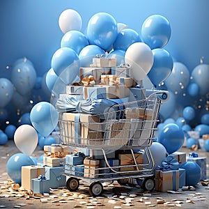 Blue background with blue gift boxes in shopping cart or trolley. E-Commerce Shopping shopping day