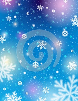 Blue background with bokeh and blurred snowflakes, vector