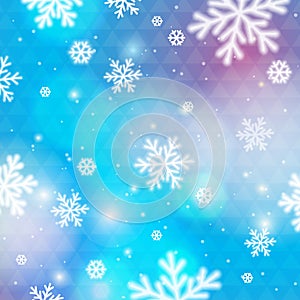 Blue background with bokeh and blurred snowflakes, vector