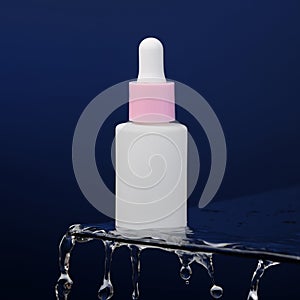 In the blue background, a bottle of serum stands on glass. Drops of water drip off the glass. Promotional photo of cosmetics.
