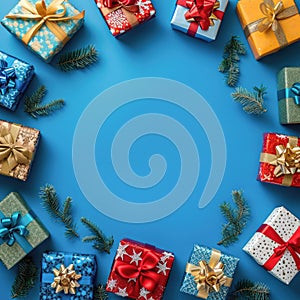 A blue background with a bunch of colorful presents