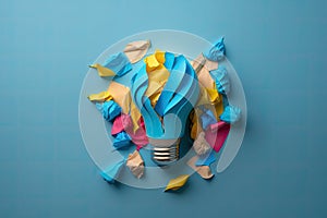 blue background and colored paper light bulb