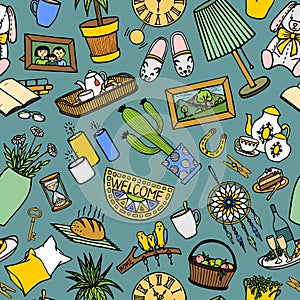 BLUE BACKGROUND WITH COLORFUL INTERIOR ITEMS