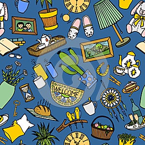 BLUE BACKGROUND WITH COLORFUL INTERIOR ITEMS