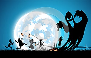Blue background concept,silhouette many people with men and women wearing as ghost for festival halloween