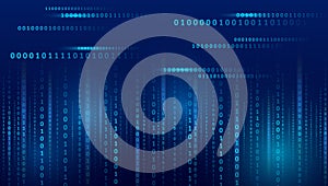 Blue background with data flow. Binary code, artificial intelligence. Program code. Computer background of numbers. Analytics,