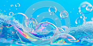 blue background with detergent foam bubbles floating and popping, surrounded by colorful, swirling soap suds.
