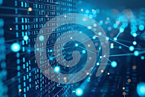Blue background with glowing digital binary code and network connections, symbolizing data transfer in technology or cyber se photo